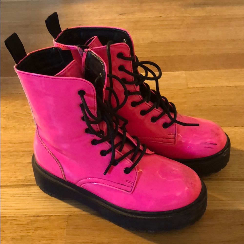 Faux Patent Leather Neon Pink Platform Boots